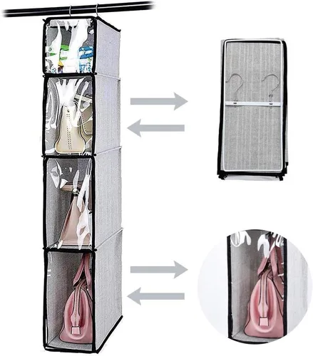 Organizador de bolso de 4 niveles con funda a prueba de polvo, armario plegable para colgar, estantes de almacenamiento, sistema de almacenamiento