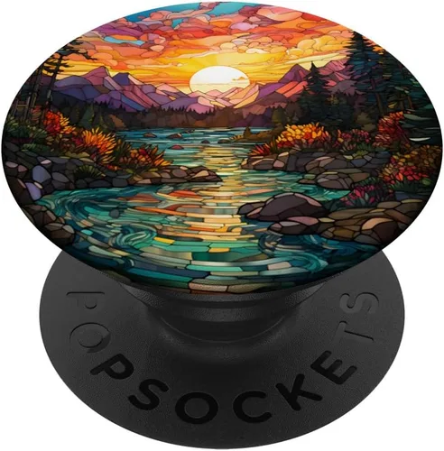 Puesta de sol vidrieras mosaico paisaje escena PopSockets intercambiable PopGrip