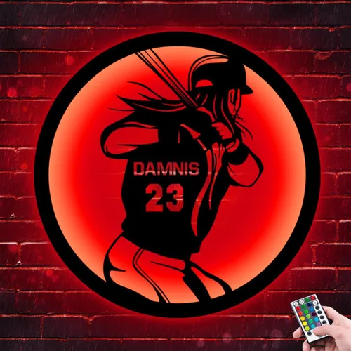 Miniatura 9 de Letrero de metal personalizado para jugador de sóftbol con luz LED, nombre y número personalizado, arte de pared de sóftbol, letrero de neón