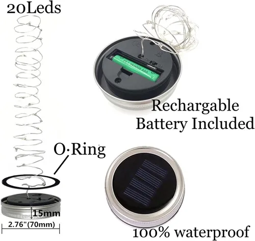Miniatura 2 de Luces solares mejoradas para frascos, paquete de 8 unidades, 10 LED, impermeables, para frascos de luciérnaga, luces con ganchos