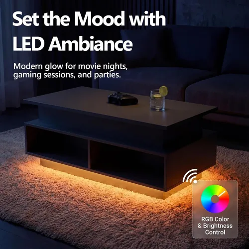 Miniatura 5 de YESHOMY Mesa de Centro Elevable de 40" con Almacenamiento Oculto y Luces LED Multicolor, Mesa Cuadrada Moderna de Madera con 4 Estantes Abiertos