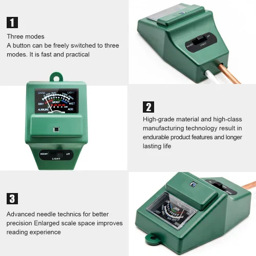 Miniatura 3 de Sonkir - Medidor de pH de suelo, 3 en 1, humedad/luz/pH, kit de herramientas de jardinería para cuidado de plantas, ideal para jardín, césped