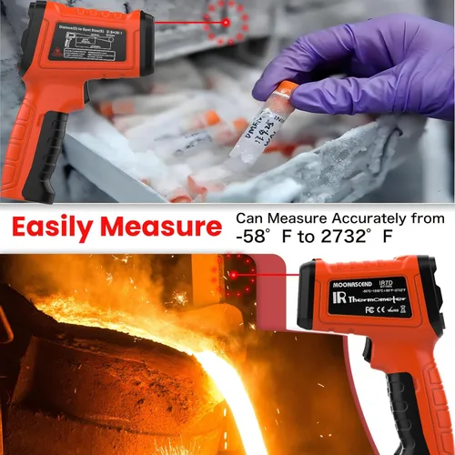 Miniatura 9 de Pistola de termómetro infrarrojo 50:1, pistola de temperatura láser sin contacto de -58 °F a 2732 °F para cocinar, horno de pizza, reptil, plancha