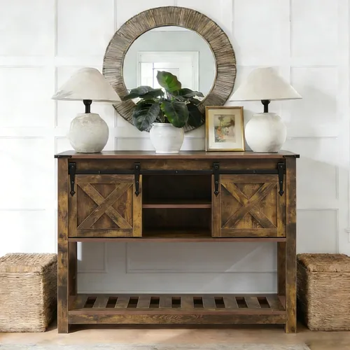 Mesa de entrada de estilo granja con puertas corredizas de granero, mesa consola de madera con estante de almacenamiento, mesa de sofá rústica para