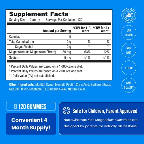Miniatura 5 de NutraChamps 120 gomitas de magnesio para niños, gomitas de magnesio calmantes sin azúcar para niños, suministro de 4 meses, apoya la salud ósea