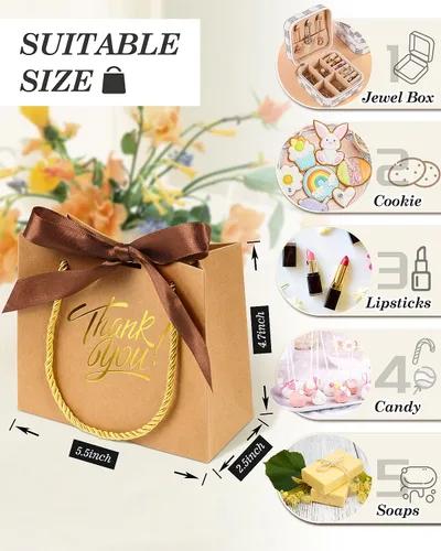 Miniatura 2 de EQOREIIN Paquete de 30 bolsas pequeñas de regalo de agradecimiento con asas 5.5 x 2.4 x 4.7 pulgadas, mini bolsas de regalo marrones con lazo