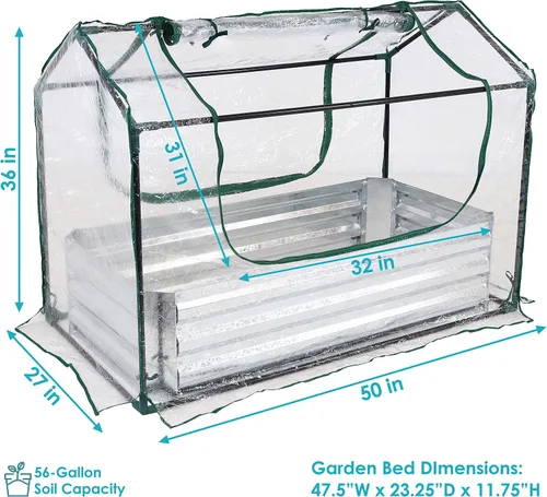 Miniatura 3 de Sunnydaze - Cama de jardín elevada de acero con mini invernadero, kit de invernadero para exteriores, 2 puertas con cremallera, transparente, 4 x 2