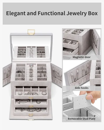 Miniatura 4 de Vlando Joyero de 4 niveles, cajas de joyería y organizadores con asa, 3 cajones de viaje con espejo, almacenamiento de joyas, aretes, collares