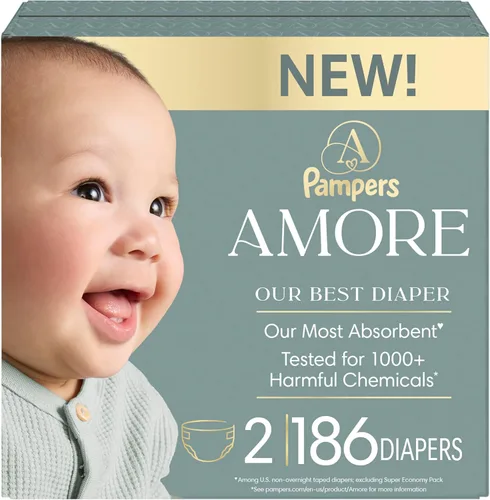 Miniatura 30 de Pampers Amore, tamaño 3 (13-26 libras), 66 unidades, nuestro mejor pañal, hipoalergénico y sin fragancia, hasta 100% a prueba de fugas, suave como
