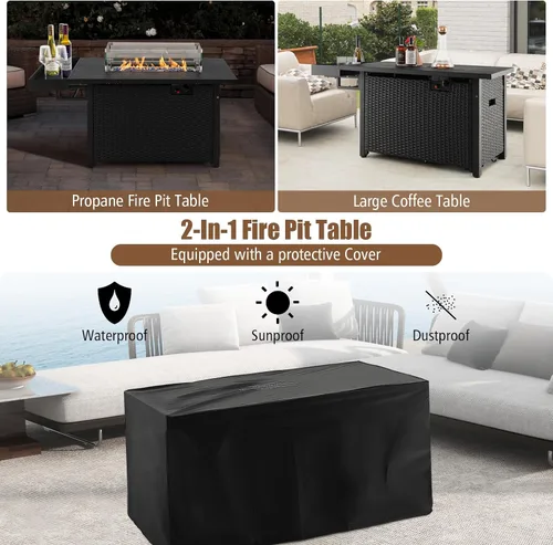 Miniatura 9 de Tangkula Mesa para fogata de propano para patio, fogata de gas de mimbre de 52 pulgadas con protector contra el viento y estante extendido, salida