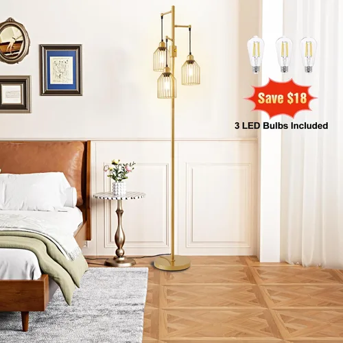 Miniatura 5 de Lámpara de Pie Regulable para Sala de Estar, Lámparas de Pie de Estilo Rústico con Elegante Jaula Colgante, 3 Bombillas LED Edison Incluidas, Luz