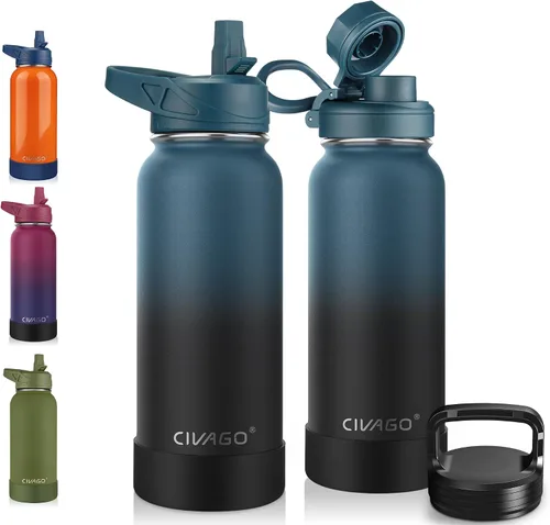 Miniatura 32 de CIVAGO Botella de agua aislada de 22 onzas con pajita, frasco de agua deportiva de acero inoxidable con 3 tapas