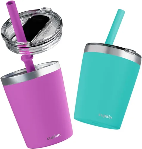 Miniatura 51 de CUPKIN - Taza apilable de acero inoxidable para niños, taza de batido, tazas aisladas con recubrimiento en polvo, tapa libre de BPA y pajilla de Rosa