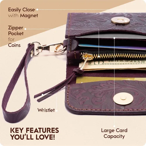 Miniatura 19 de Toros Craft Handmade Leather Wallets for Women, Western Wristlet Wallets, Floral Leather Small Credit Card Holder with Zipper, Minimalist & Cute