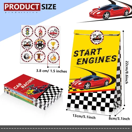 Miniatura 2 de Tallew 24 bolsas de recuerdo de fiesta de coches de carreras con calcomanías, bandera a cuadros, bolsa de dulces para fiesta de carreras, Pit Crew