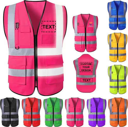 Miniatura 12 de Chaleco de seguridad personalizado para hombre, ropa de trabajo de protección de alta visibilidad, 5 bolsillos, clase 2 con tira reflectante Verde