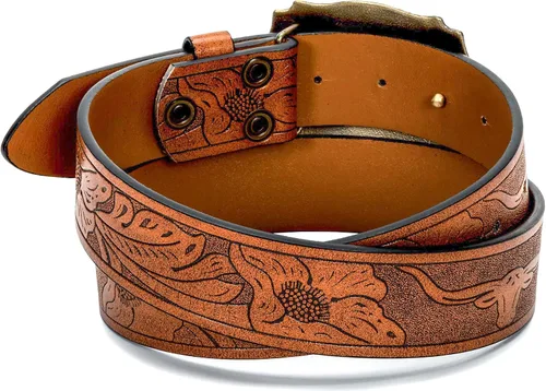Miniatura 5 de Rodeo Western-Longhorn-Bull Cowboy-Belt para mujeres y hombres, cinturón de piel sintética con relieve floral para jeans