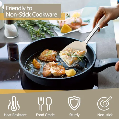 Miniatura 5 de P&P CHEF Juego de 4 utensilios de cocina de color caqui, espátulas sólidas de silicona, cucharas ranuradas para utensilios de cocina antiadherentes