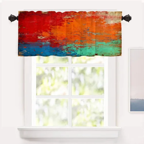 Miniatura 189 de Shrahala Beige and Orange Abstract Art Brushstrokes Blackout Curtain Tiers, Abstract Oil Paint Kitchen Valance Light Blocking Tier Drapes with Rod