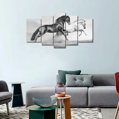 Miniatura 2 de Arte de pared de 5 paneles negro Friesian Running Horse Trot en el campo al atardecer, hierba y flores, cuadros impresos en lienzo animal la imagen