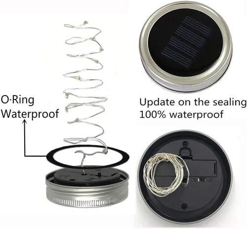 Miniatura 2 de Luces solares para tarro de masón, paquete de 6 tiras de 10 luces LED con tapa de tarro con 6 ganchos (sin tarros), luz de luciérnaga impermeable