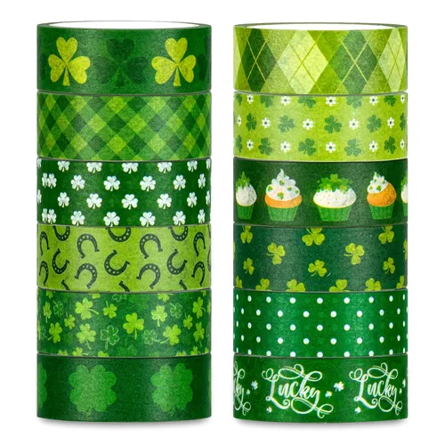 Whaline 12 rollos de cinta washi del día de San Patricio, cinta adhesiva verde de trébol de 15 mm con diseño de cuadros de trébol, cinta de papel