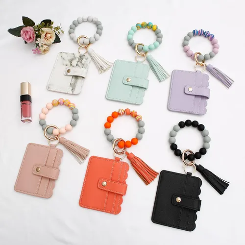 Miniatura 5 de Real Sic Pulsera de pulsera llavero billetera, soporte para tarjetas de crédito con cuentas de silicona, funda multifuncional de moda para tarjetas
