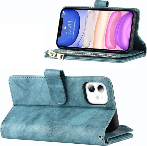 Miniatura 3 de Funda tipo cartera compatible con iPhone 11, piel sintética azul de 6.1 pulgadas, PC, funda delgada de TPU con 9 ranuras para tarjetas, bolsillo