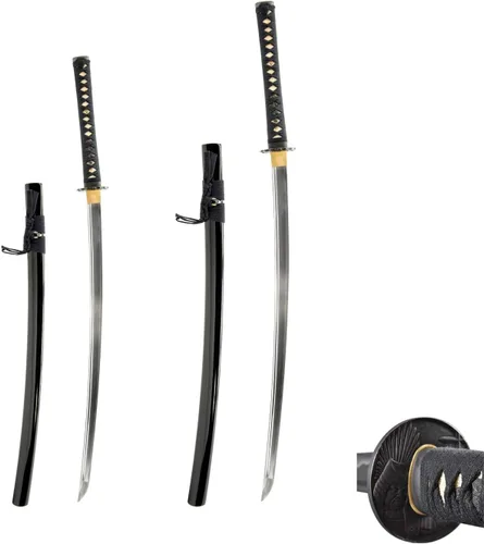 HMS Katana samurái japonesa y Wakizashi Daisho Combo Set, Warrior and Temple Tsuba, templado térmico forjado a mano, acero al carbono 1045, vaina de