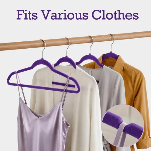 Miniatura 6 de HOUSE DAY Paquete de 60 perchas de terciopelo morado noble, perchas de terciopelo antideslizantes para ropa resistentes para abrigos, perchas Noble
