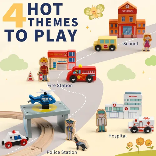 Miniatura 3 de Qilay Juego de tren de madera de 121 piezas con bolsa de almacenamiento, juego de pista de tren de madera Busy Port City para niños a partir de 3