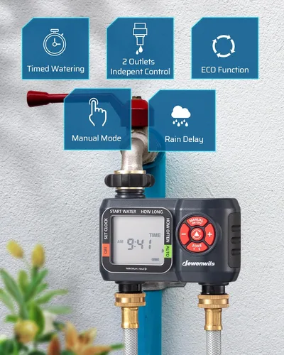 Miniatura 2 de DEWENWILS Temporizador de manguera de agua de 2 zonas: temporizador de rociador programable con retardo de lluvia, riego manual y riego automático
