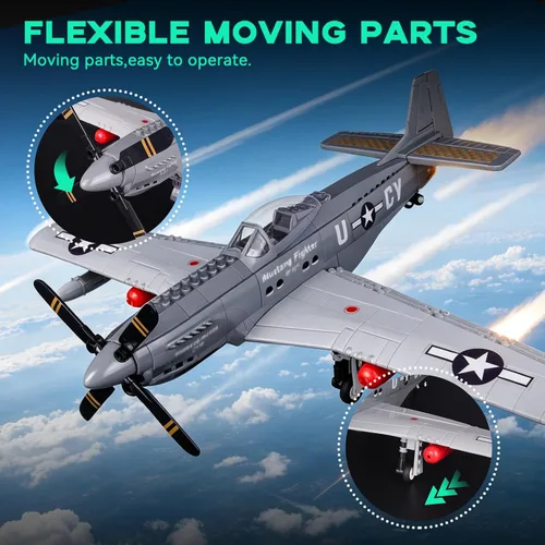 Miniatura 4 de ArtorBricks P-51 Mustang Fighter Airplane Juego de Construcción Militar con Soporte de Exhibición - Kit de Modelo de 258 Piezas para Adultos