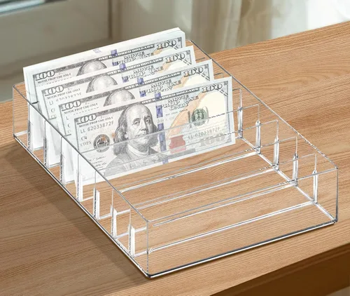Miniatura 5 de XUWAIDSGN Organizador de efectivo acrílico grande de 8 secciones, organizador de bandeja de presupuesto de dinero transparente, divisor de plástico