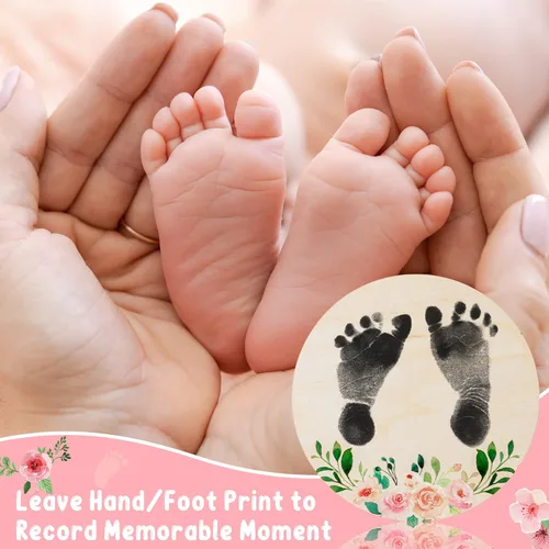 Miniatura 3 de R HORSE Letrero de anuncio de nacimiento de bebé con rotulador, letrero de nombre de bebé floral rosa con almohadilla de tinta para huellas de manos