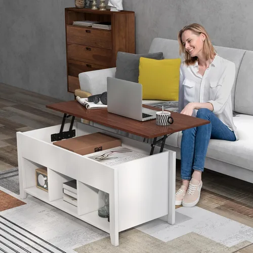 Miniatura 2 de GOFLAME Mesa auxiliar elevable, mesa central con mesa elevadora, compartimento oculto, 3 estantes abiertos, patas medias, almohadillas