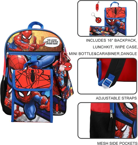 Miniatura 5 de Marvel Spiderman - Juego de mochila juvenil de 2 y 6 piezas, Azul, Tamaño único, Spider-man - Juego de mochila de 6 piezas (niño pequeñoniño grande)