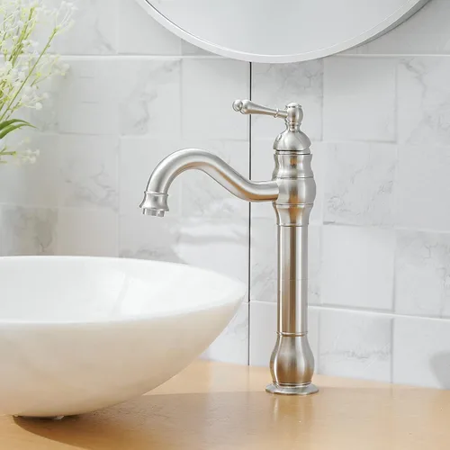 Miniatura 6 de Grifo de fregadero de níquel cepillado giratorio de 360° para baño, un solo agujero, casa de campo, alto, comercial, a juego, drenaje desplegable