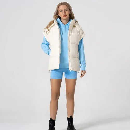 Miniatura 6 de Shiyifa Chaleco acolchado para mujer, chaqueta de gran tamaño, sin mangas, ligera, con cremallera, con capucha desmontable