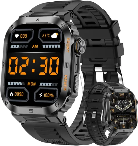 Reloj inteligente militar para hombre, pantalla HD de 2.01 pulgadas, reloj inteligente para hombre, responder/hacer llamadas, IP68 impermeable, Negro