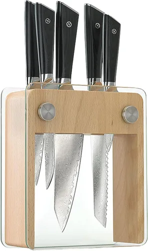 Mercer Culinary Juego de cuchillos de 6 piezas de acero de alta calidad con soporte de bloque de vidrio/madera, asas G10