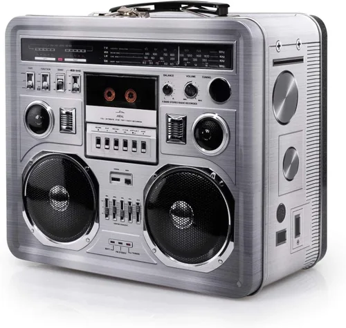 Miniatura 3 de Lonchera retro Boombox Radio – Mercancía inspirada en los años 80 – Accesorios de disfraces novedosos y contenedor de almacenamiento – Regalos