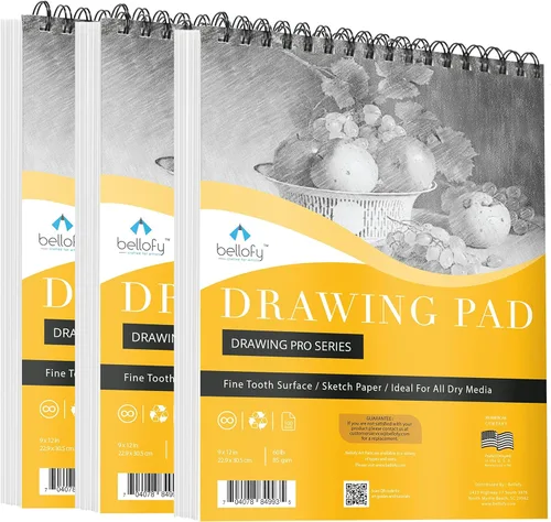 Bellofy 3 blocs de papel de dibujo de 9 x 12 pulgadas | 300 hojas | 60 libras 3.00 oz | Papel de bocetos sin ácidos para medios secos | Bloc de