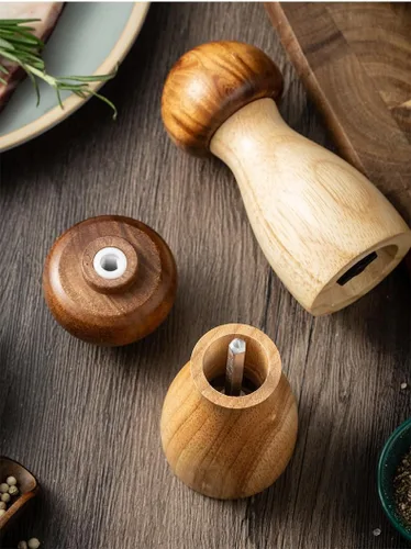 Molinillo de pimienta de madera, molinillo de madera de acacia, molinillos manuales de sal y pimienta de hongos, herramientas de especias