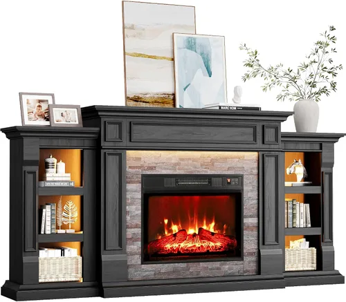 Miniatura 10 de LGHM - Soporte de TV para chimenea de 80", para televisores de hasta 90 pulgadas, chimenea eléctrica con repisa, centro de entretenimiento
