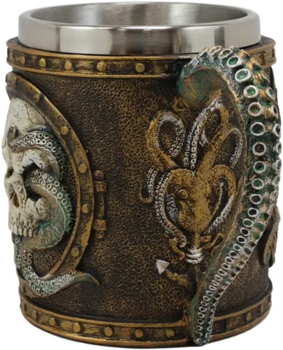 Miniatura 3 de Ebros Nautical Cthulhu Cósmico Octopus Wrecking Cráneo humano en marco de ojo de buey con ancla taza de bebida de resina de 13 oz con forro de acero