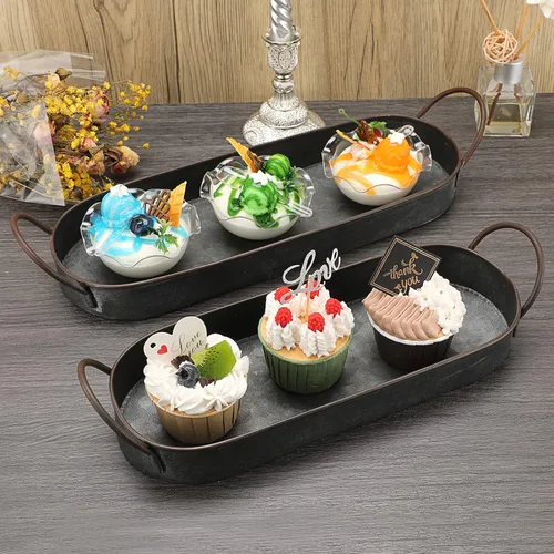 Miniatura 4 de Hipiwe Juego de 2 bandejas de hierro de metal galvanizado con asas, bandeja ovalada de granja, bandeja decorativa industrial rústica, bandeja