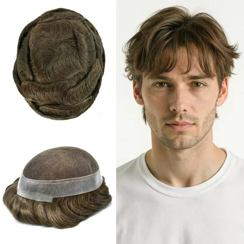 Miniatura 71 de Toupee para hombres Sistema de reemplazo de cabello humano real pieza de cabello humano para hombres encaje suizo para hombre Toupee Hair Pieces
