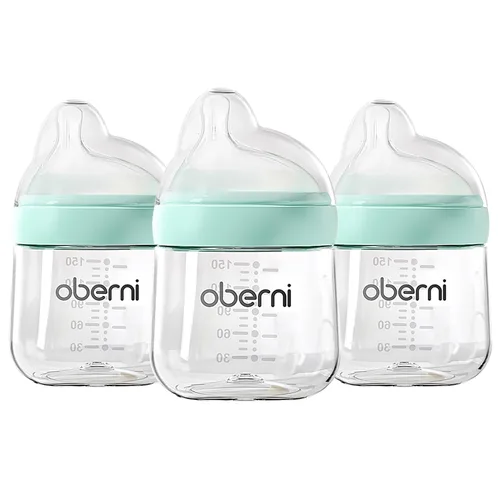 Miniatura 8 de Oberni Biberones con pezón descentrado lento durante más de 0 meses, biberón anticólico para recién nacido, 5.1 fl oz/5 oz/azul/paquete de 2