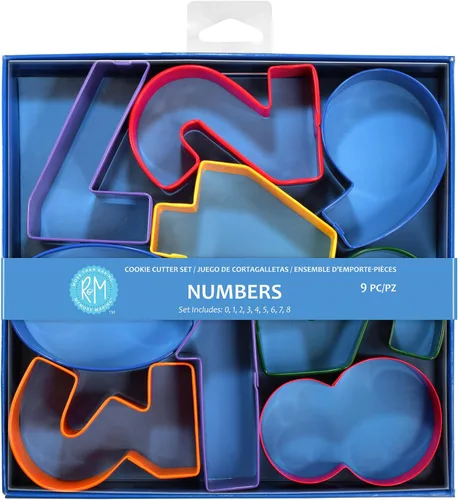 R&M International Numbers - Cortadores de galletas de 3 pulgadas, colores surtidos, juego de 9 piezas